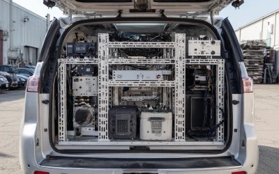 Car installation with electronic components and racking for bespoke build